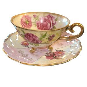 Vintage Shafford Iridescent Japan footed Teacup and Saucer Set laced Lusterware